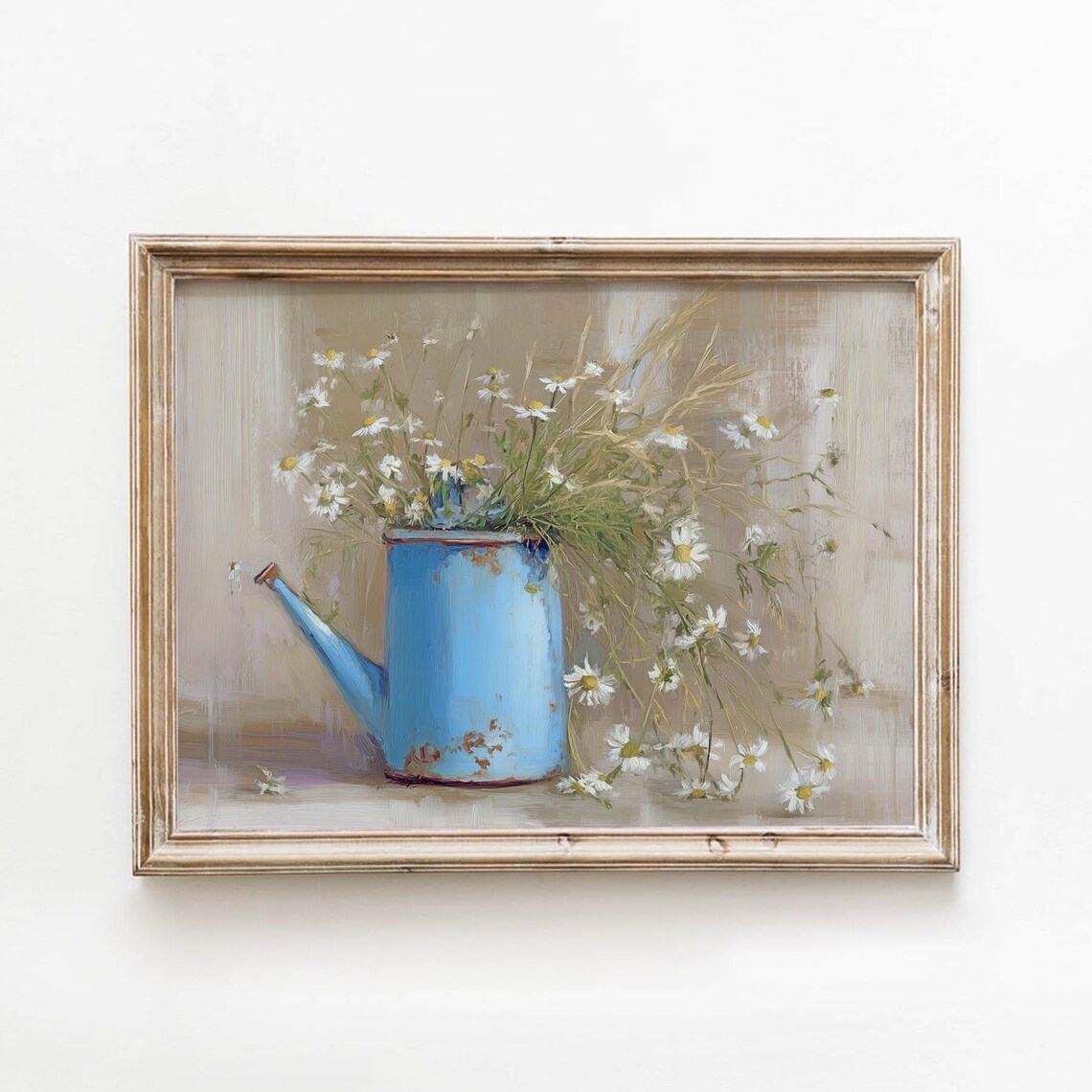 Blue Watering Can with White Daisies Wildflowers Vintage Floral Farm Poster