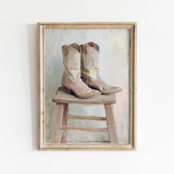 Worn Tan Cream Cowboy Boots Wooden Stool Printable Rustic Western Wall Art Muted Neutral Vintage Decor Farmhouse Painting Download 630