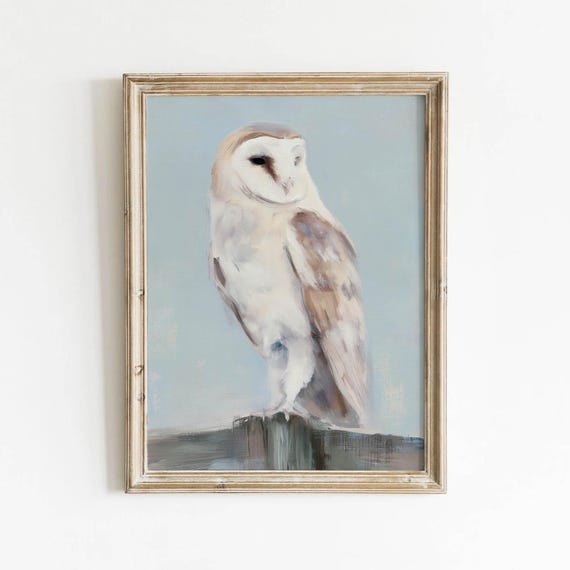 Barn Owl Perched On Post Printable Muted Neutral Wildlife Wall Art Cream Taupe Dusty Blue Vintage Cottage Decor Digital Download 483