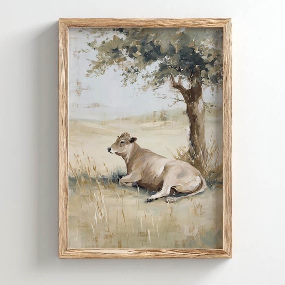 Printed Resting Cow In Golden Meadow Rustic Farmhouse Poster Vintage Painting Tan Sage Green Neutral Landscape Wall Art 0513