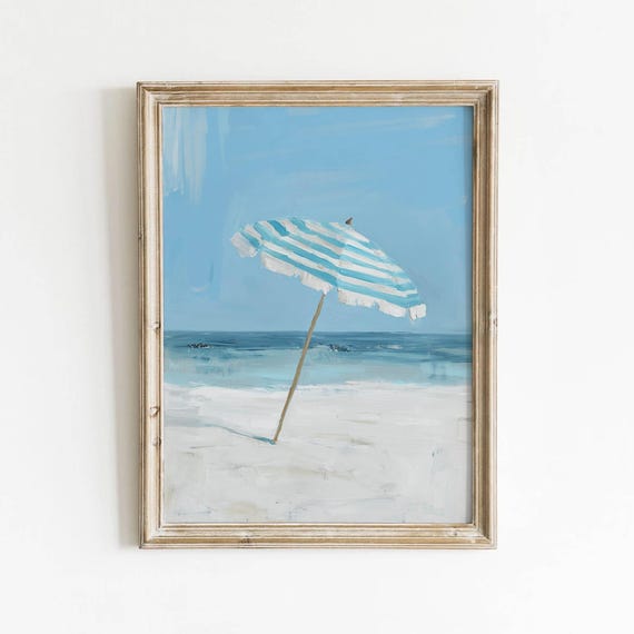 Striped Beach Umbrella In Soft Sand Printable Turquoise And White Art Coastal Summer Decor Minimalist Seascape Instant Download 0293