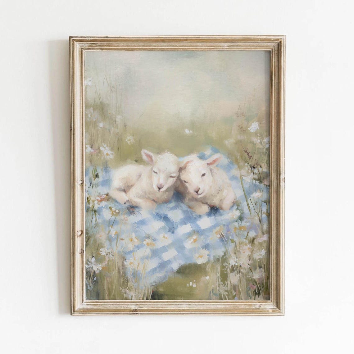 Two Baby Lambs on Gingham Blanket Soft Pastel Nursery Poster