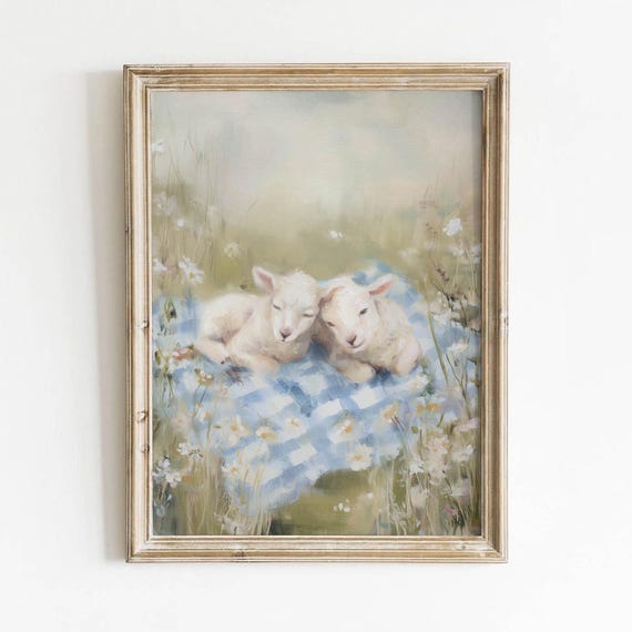 Soft Pastel Lambs Printable Cozy Gingham Blanket Wall Art Cottagecore Nursery Decor Gentle Farmhouse Creamy Blue Download 0180