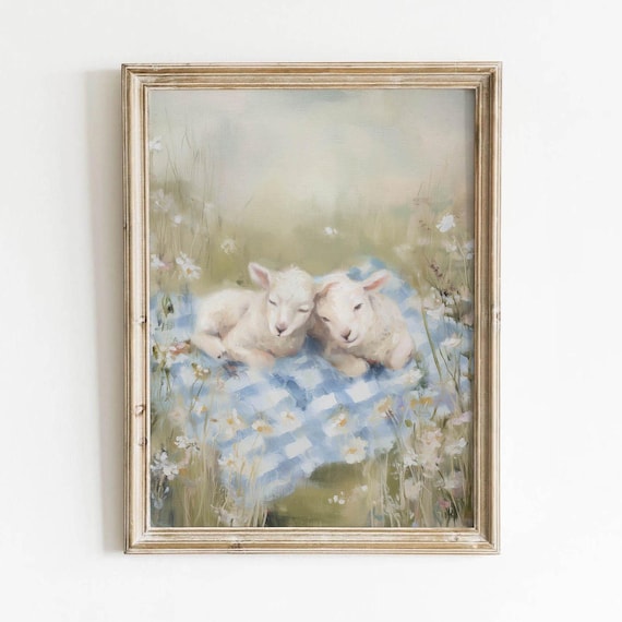 Two Baby Lambs on Gingham Blanket Soft Pastel Nursery Poster