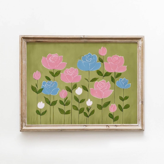 Folk Art Pink And Blue Roses On An Olive Green Meadow Poster