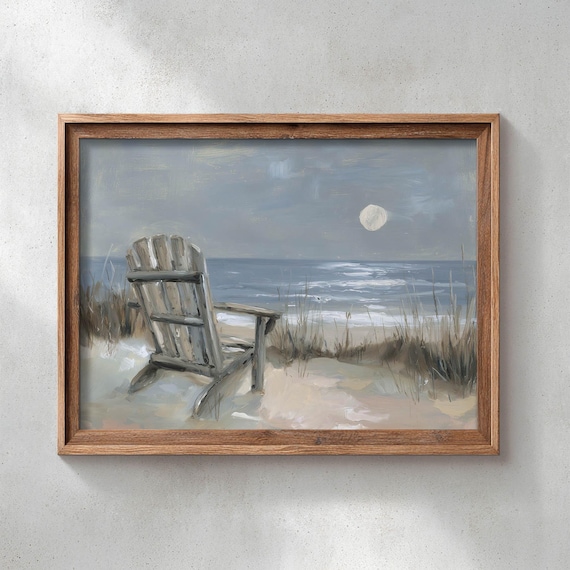 Adirondack Chair On Moonlit Beach Night Ocean Waves Seascape Poster