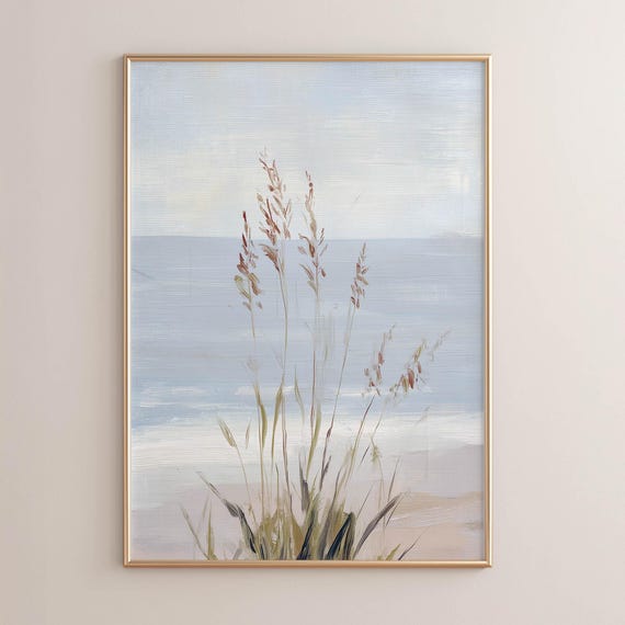 Printed Sea Oats Coastal Wall Art Muted Beach Grass Landscape Neutral Sage Rose Painting Vintage Seaside Decor P444