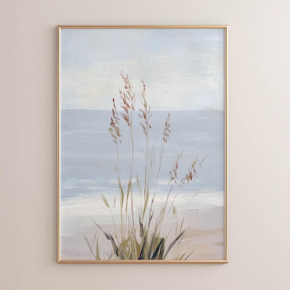 Sea Oats Beach Grass Against Pale Blue Sea Minimal Coastal Poster
