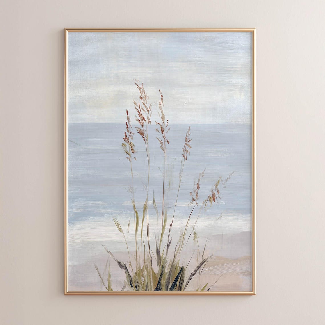 Sea Oats Beach Grass Against Pale Blue Sea Minimal Coastal Poster