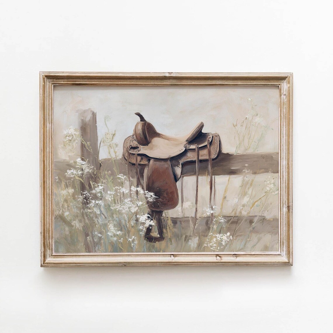 Western Leather Saddle on Wooden Fence Wildflowers Neutral Art Poster