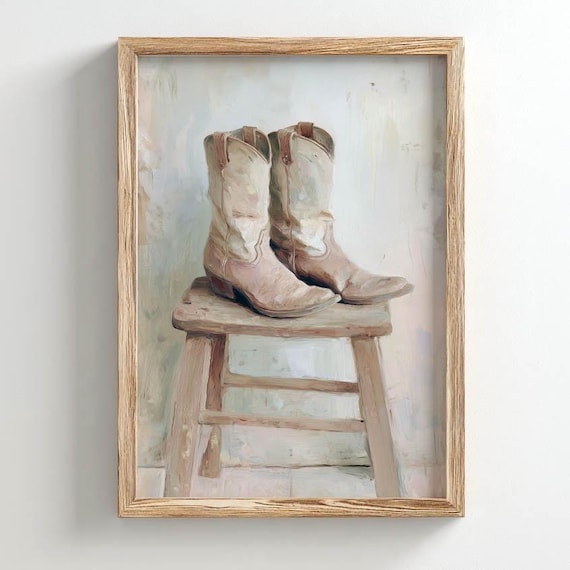 Printed Cowboy Boots On Wooden Stool Beige Tan Cream Rustic Western Still Life Vintage Oil Painting Entryway Wall Art 0630
