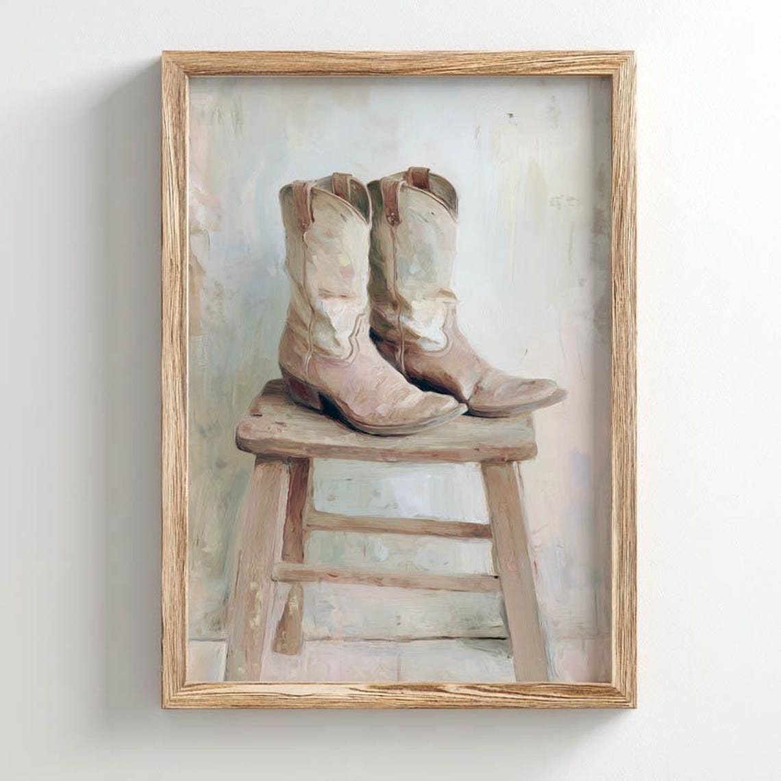 Worn Tan Cowboy Boots On Wooden Stool Rustic Western Art Poster