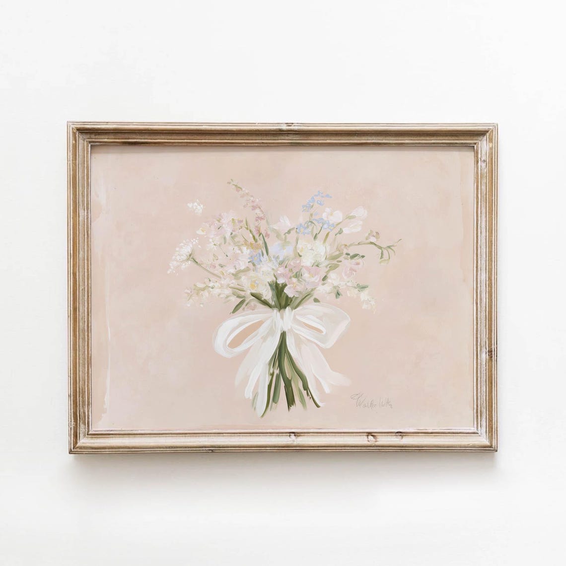 Romantic White Wildflower Bouquet Blush Pink Bow Soft Floral Poster