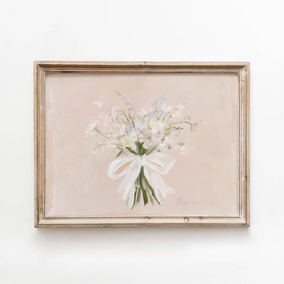 Romantic White Wildflower Bouquet Blush Pink Bow Soft Floral Poster