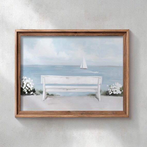 Printed White Bench Coastal Ocean Wall Art Sailboat Seascape Painting Serene Beach Landscape Decor Calm Water Home Print 0731