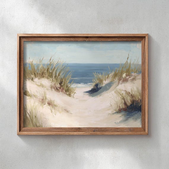 Printed Beach Path Through Dunes To Ocean Vintage Coastal Seascape Wall Art Muted Sandy Tones Landscape Decor P434