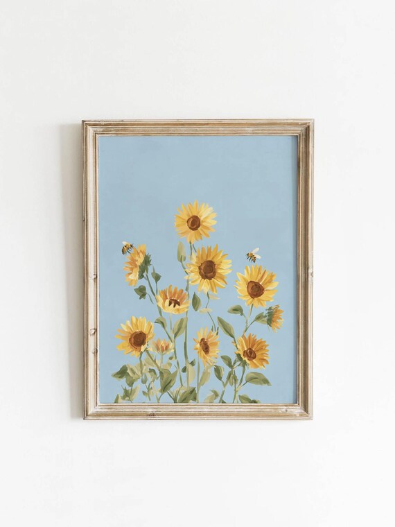 Yellow Sunflowers With Bee, Vintage Botanical Art Print