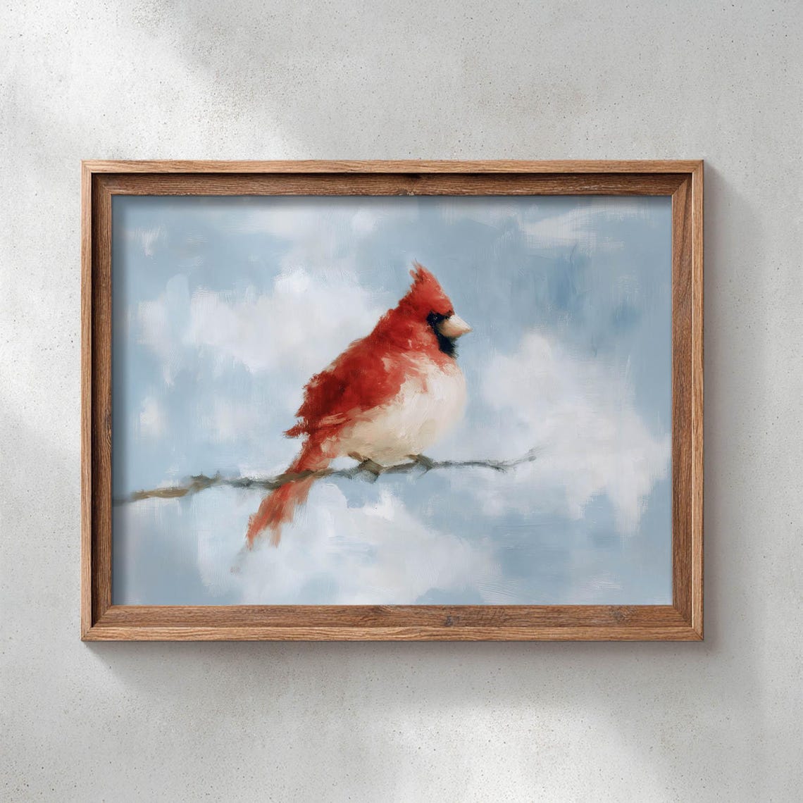 Red Cardinal Bird on Branch Against Soft Blue Cloudy Art Print