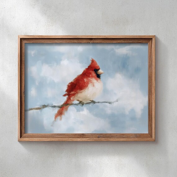 Rustic Red Cardinal Print Poster Art Pale Blue Serene Bird On Branch Cottagecore Wall Farmhouse Natureinspired Painting P224