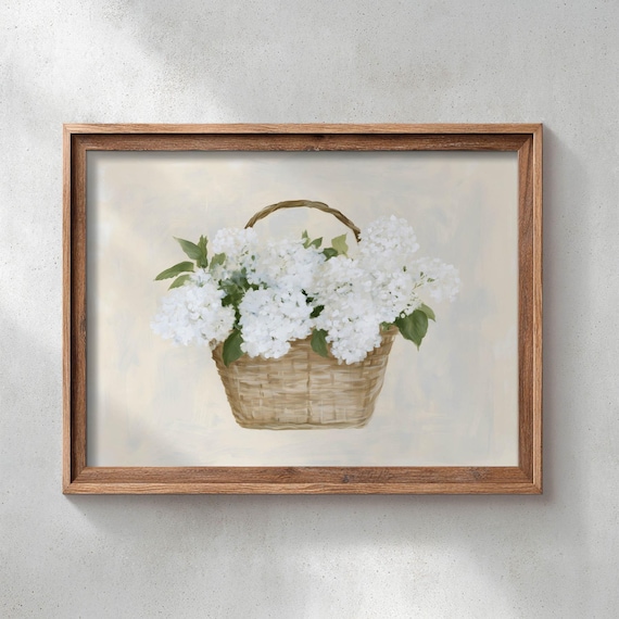 White Hydrangea Basket Full Blooms Cottagecore Floral Art Print