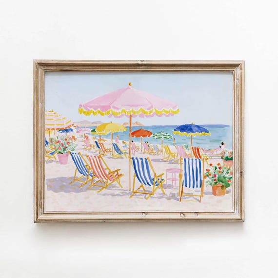 Colorful Beach Scene Printable Bright Summer Wall Art Retro Coastal Decor Striped Chairs Pastel Umbrellas Download 656