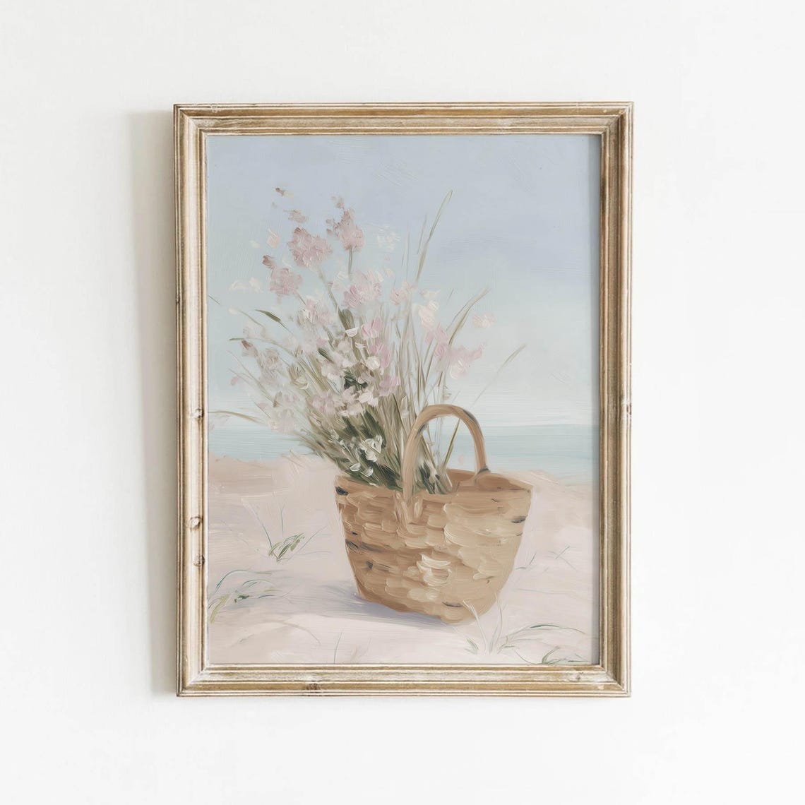 Beach Flower Basket Coastal Painting Soft Blue Tones Wall Art
