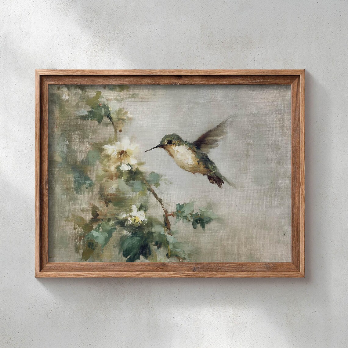 Hummingbird in Flight Vintage Botanical Oil Painting Art Poster
