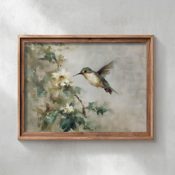 Printed Hummingbird In Flight Poster Print Neutral Green And Beige Vintage Botanical Art Cottagecore Home Decor Wall Display P384