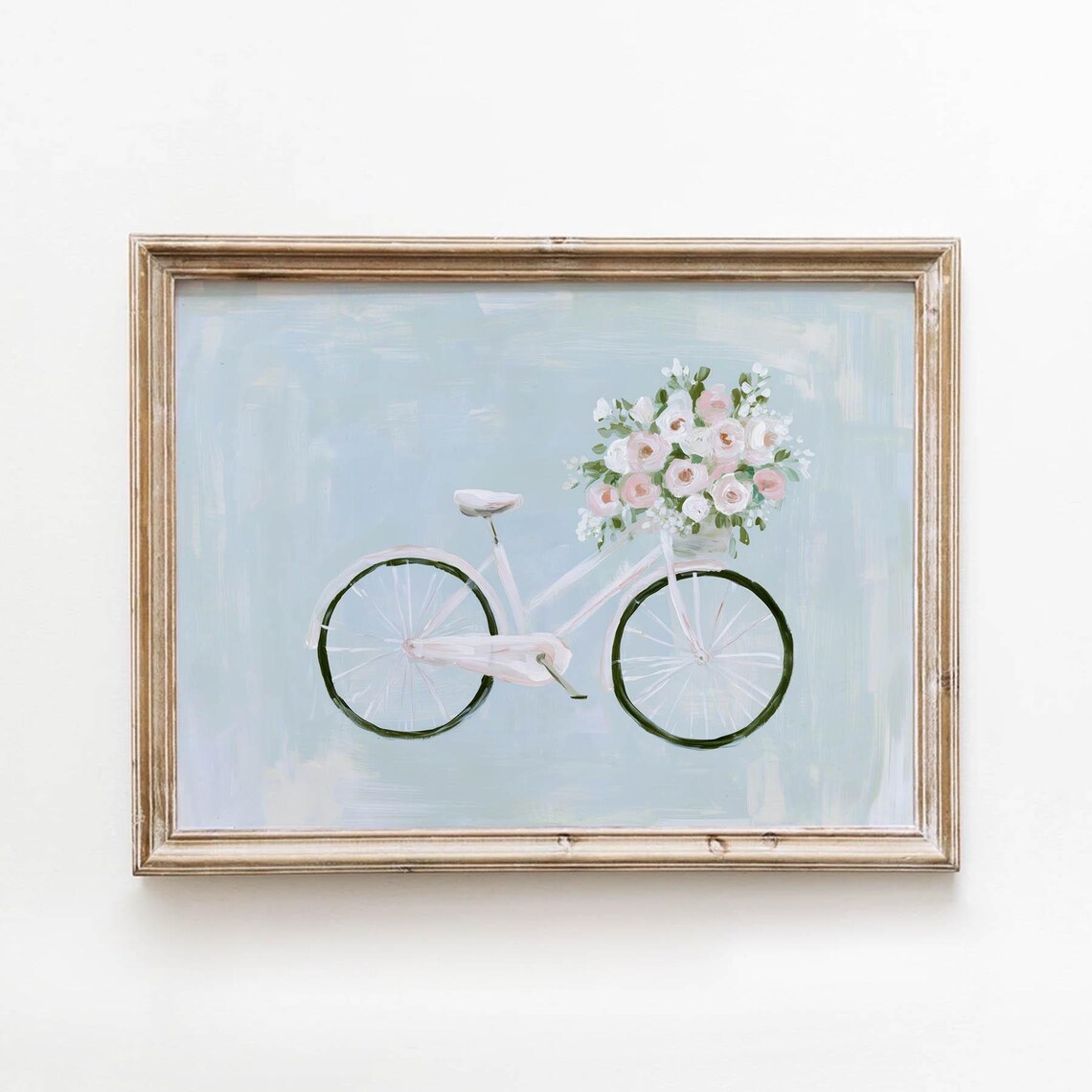 Vintage Bicycle With Pink Rose Basket Soft Floral Spring Wall Art