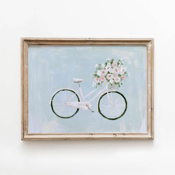 Printable Bicycle With Pink Roses Soft Floral Wall Art Cottage Spring Decor Vintage Botanical Print Airy Romantic Landscape 697