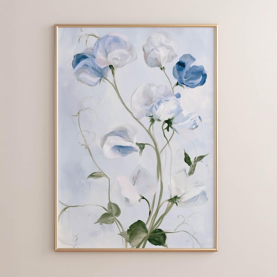 Printed Sweet Pea Flowers With Climbing Vines Soft Blue Botanical Wall Art Romantic Cottage Decor Vintage Floral Poster P768