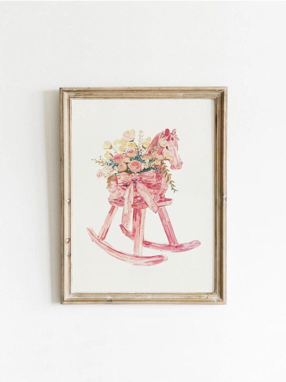 Vintage Rocking Horse Bow Art Print, Floral Nursery Decor