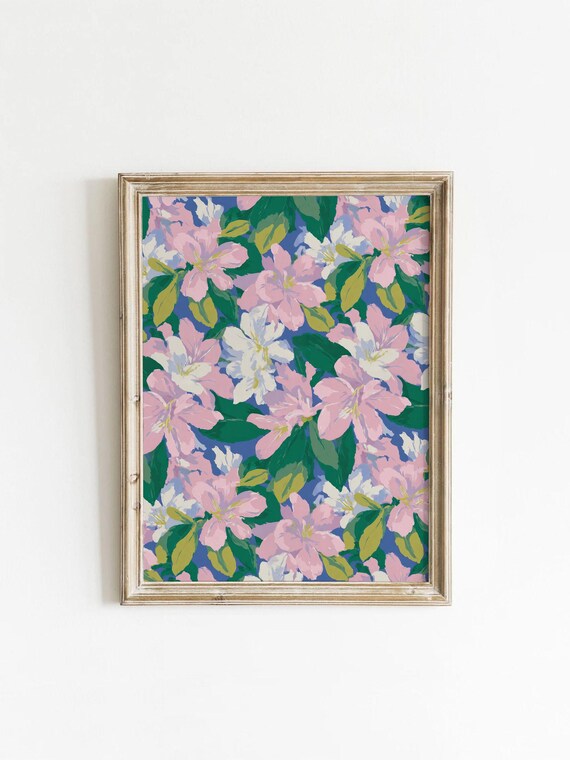 Pink White Floral Bloom Pattern Navy Botanical Boho Garden Wall Print