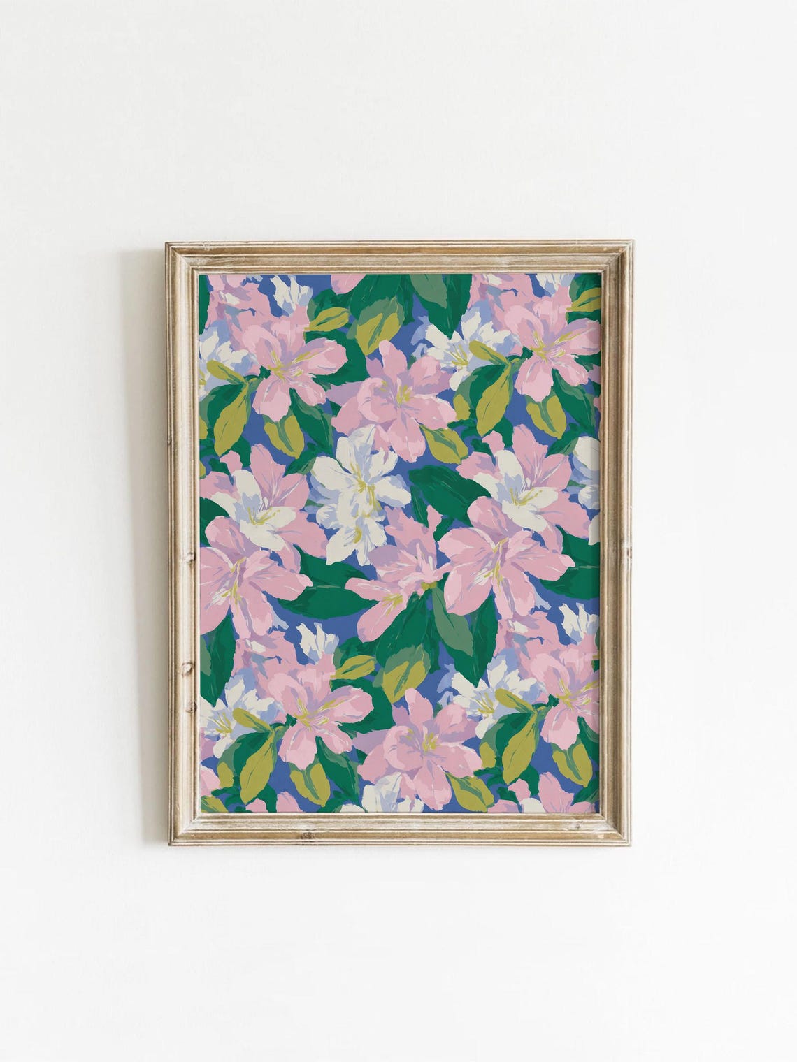 Pink White Floral Bloom Pattern Navy Botanical Boho Garden Wall Print