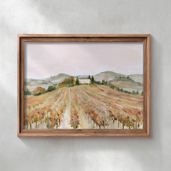 Printed Autumn Vineyard Landscape With Farmhouse Rolling Hills Cypress Trees Rustic Country Wall Art Cottagecore Decor P761