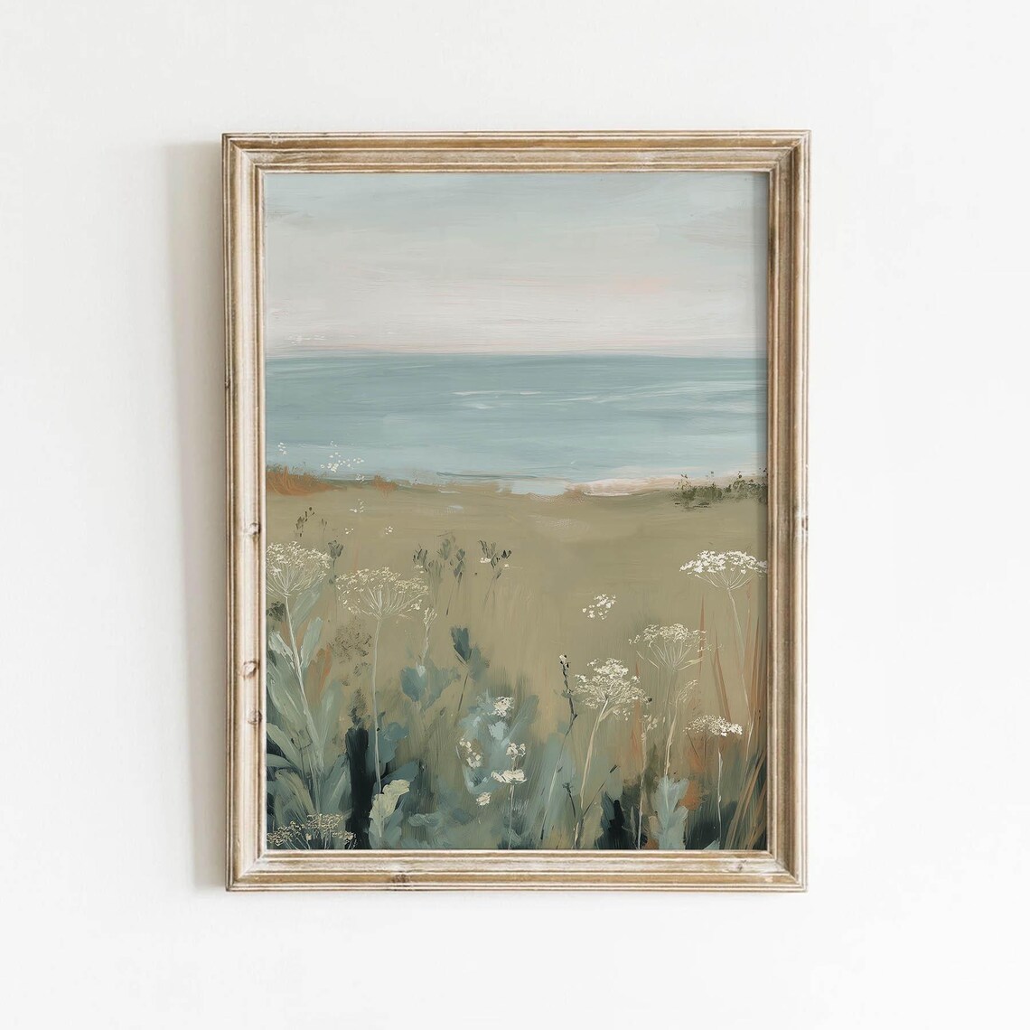 Muted Coastal Meadow Overlooking The Ocean In Neutral Tones Poster