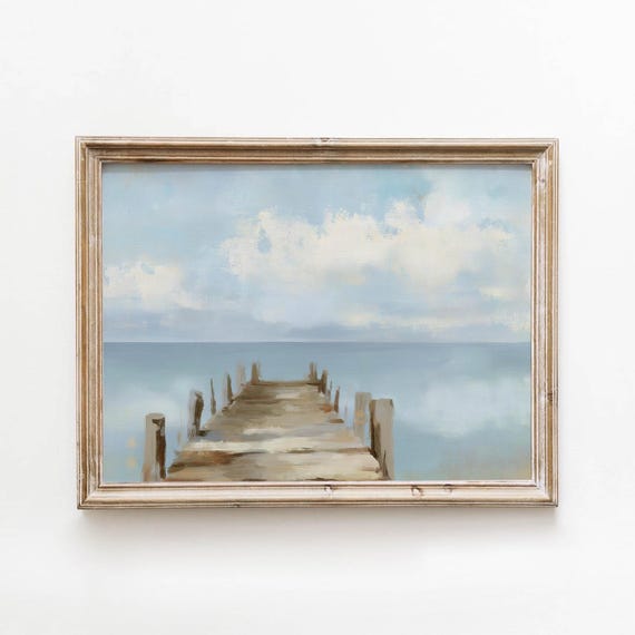 Weathered Dock On Calm Water Printable Muted Coastal Wall Art Vintage Shoreline Decor Peaceful Bedroom Soft Blue Download 429