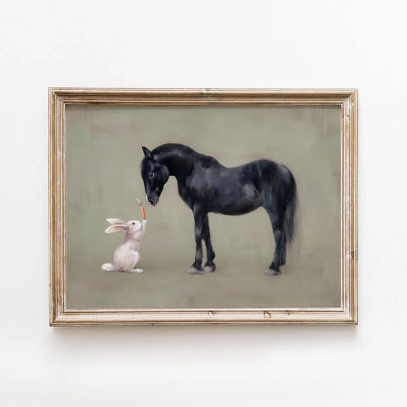Black Horse White Rabbit Vintage Animal Poster