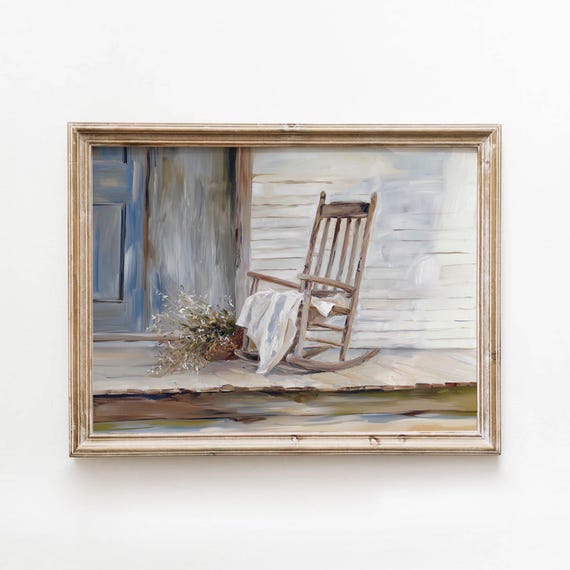 Vintage Cream Rocking Chair Printable Dusty Blue Porch Wall Art Rustic Farmhouse Decor Digital Download 632