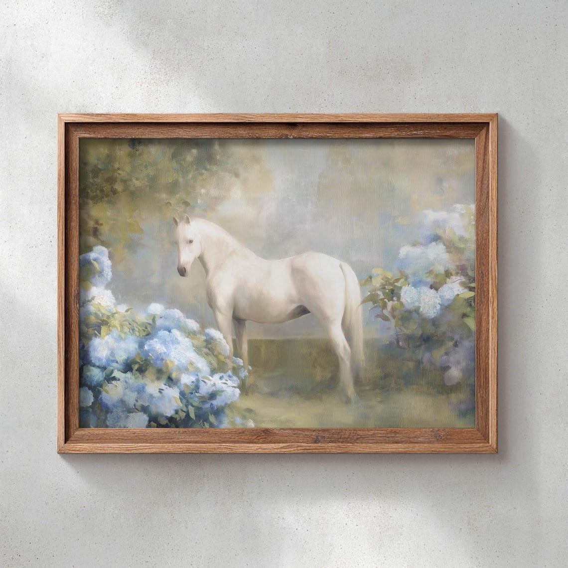 White Horse Among Blue Hydrangeas Dreamy Garden Oil Painting Poster