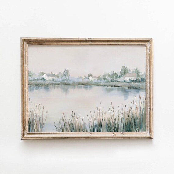 Soft Calm Lakeside Cottage Landscape Vintage Watercolor Poster