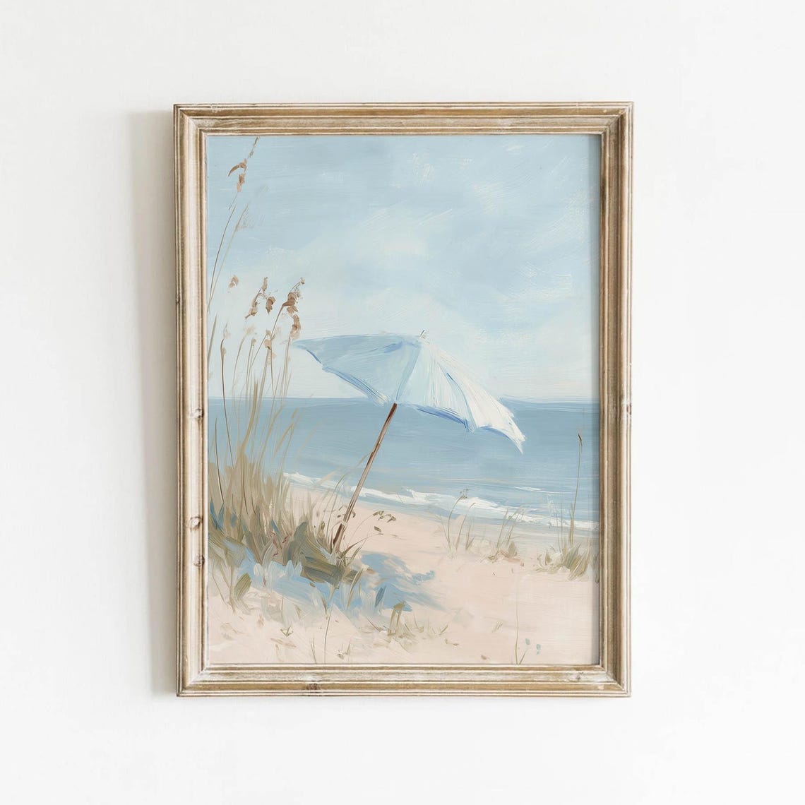White Beach Umbrella Sand Dune Pastel Coastal Art Poster Decor