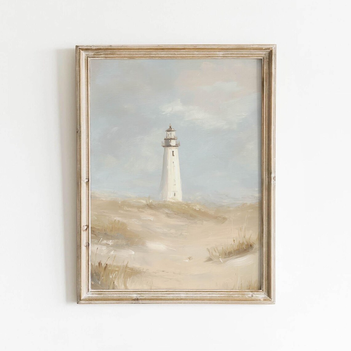 White Lighthouse Sandy Dunes Pale Blue Vintage Coastal Landscape Poster