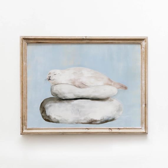 Printable White Seal Resting On Stones Coastal Wall Art Muted Blue Neutral Decor Tranquil Seaside Animal Print Digital Download 690