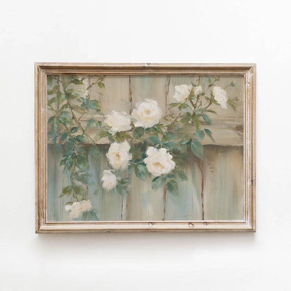 Vintage White Roses Fence Sage Green Cottage Printable Wall Art Rustic Americana Decor Digital Download 520