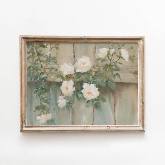 White Roses on Rustic Fence Sage Green Cottage Garden Vintage Poster