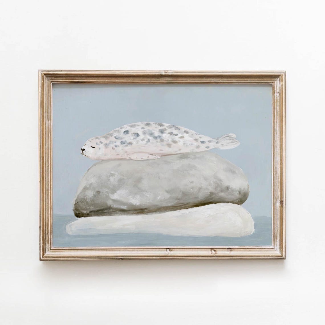 Sleeping Spotted Seal On Gray Rock Naive Nursery Coastal Wall Art
