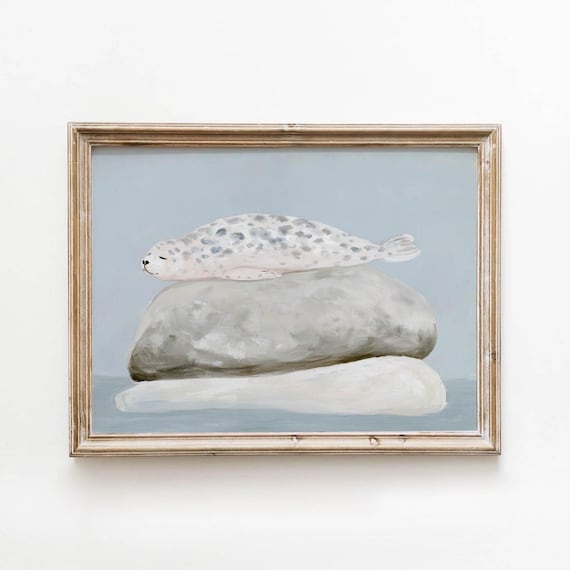 Printable White Spotted Seal On Gray Rock Coastal Wall Art Naive Style Nursery Decor Scandinavian Bedroom Muted Blue 689