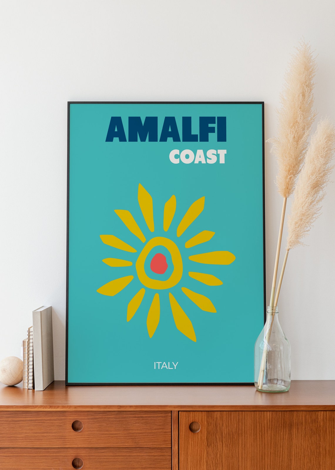 Amalfi Coast Italy Turquoise Yellow Sun Graphic Travel Poster