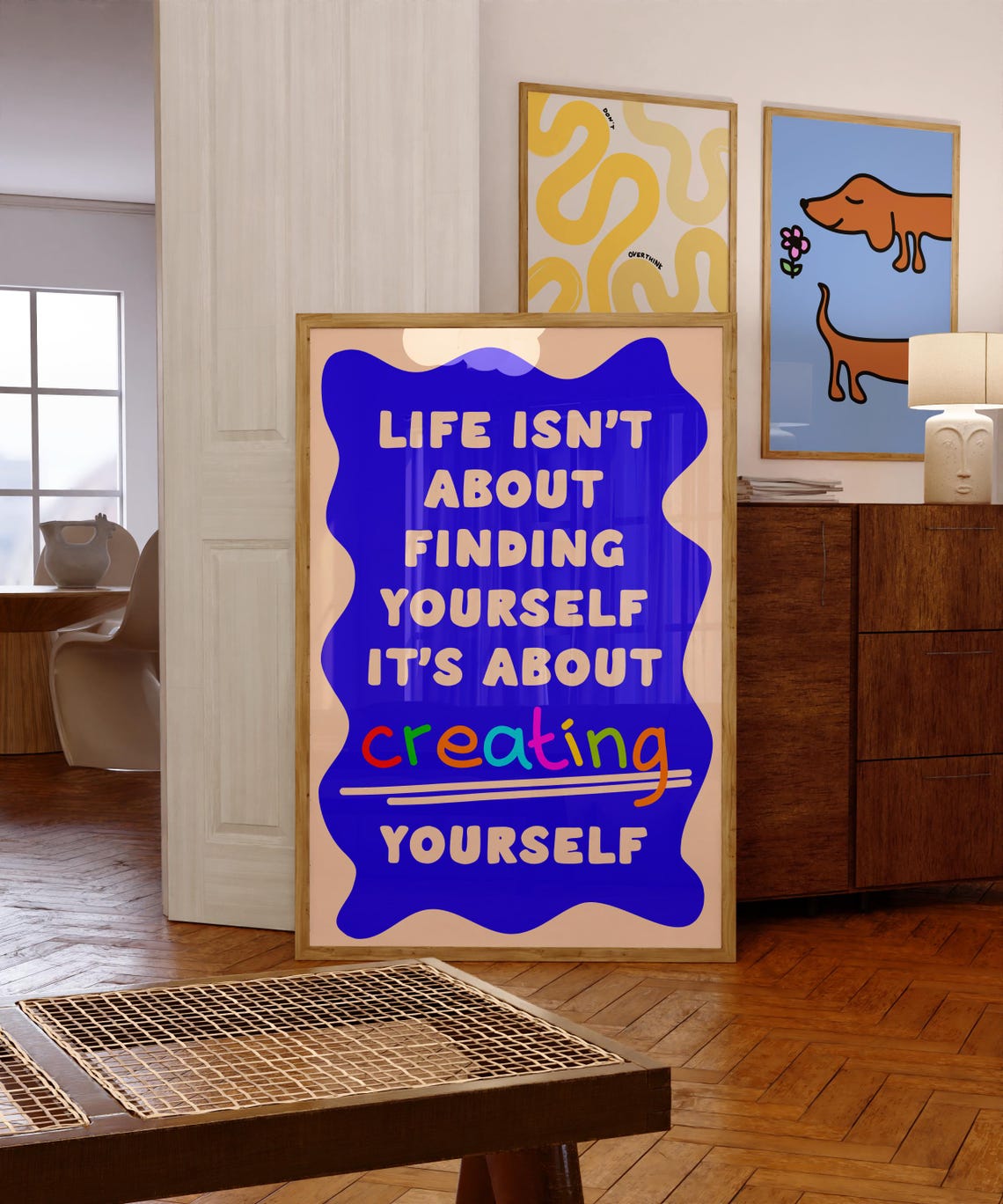 Life Is About Creating Yourself Bold Blue Rainbow Quote Wall Poster